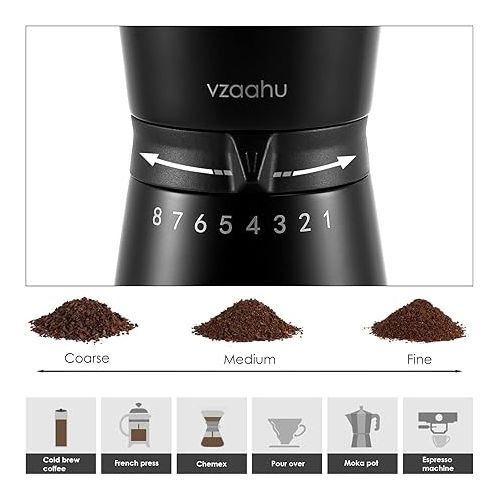  Vzaahu Stainless Steel Manual Coffee Grinder Conical Burr Capacity 2.5oz/4 Cups Bean, 15 External Adjustable Setting, Quiet Hand Coffee Bean Mill for Aeropress, Drip Coffee, Espresso, French Press
