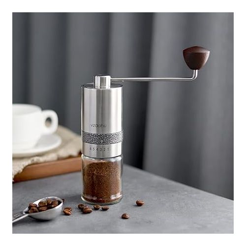  Vzaahu Manual Coffee Grinder with Lid Stainless Steel Fast Grind Conical Burr with Adjustable External Setting Coffee Lover Gift - Travel Portable Hand Grinder for Aeropress Espresso French Press