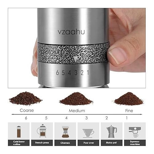  Vzaahu Manual Coffee Grinder with Lid Stainless Steel Fast Grind Conical Burr with Adjustable External Setting Coffee Lover Gift - Travel Portable Hand Grinder for Aeropress Espresso French Press
