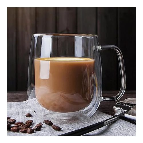  vzaahu Double Wall Insulated Coffee Mugs with Handle [2-Pack,10 Oz] Clear Glass Coffee Mug Set for Cappuccino Glasses Tea Cups Latte Beverage, Glasses Heat Resistant Dishwasher Microwave Safe