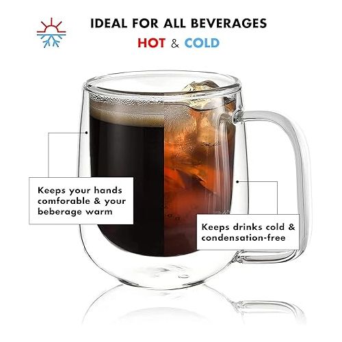  vzaahu Double Wall Insulated Coffee Mugs with Handle [2-Pack,10 Oz] Clear Glass Coffee Mug Set for Cappuccino Glasses Tea Cups Latte Beverage, Glasses Heat Resistant Dishwasher Microwave Safe