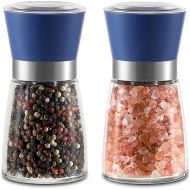 Vzaahu Salt and Pepper Grinder Set Blue - Refillable Small Sea Salt & Peppercorn Shakers Set, Adjustable Coarseness, Ceramic Burr, Premium Glass Salt & Pepper Mill