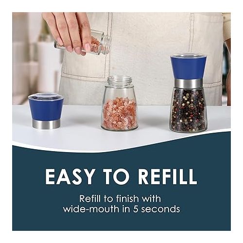  Vzaahu Salt and Pepper Grinder Set Blue - Refillable Small Sea Salt & Peppercorn Shakers Set, Adjustable Coarseness, Ceramic Burr, Premium Glass Salt & Pepper Mill