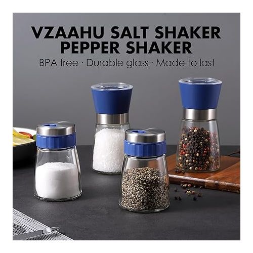  vzaahu Blue Glass Salt and Pepper Sharkers Set with Adjustable Pour Holes - Spice Shaker Salt Dispenser Pepper Dispenser - Perfect for Pink Himalayan, Table Salt, Black and White Pepper (Blue)