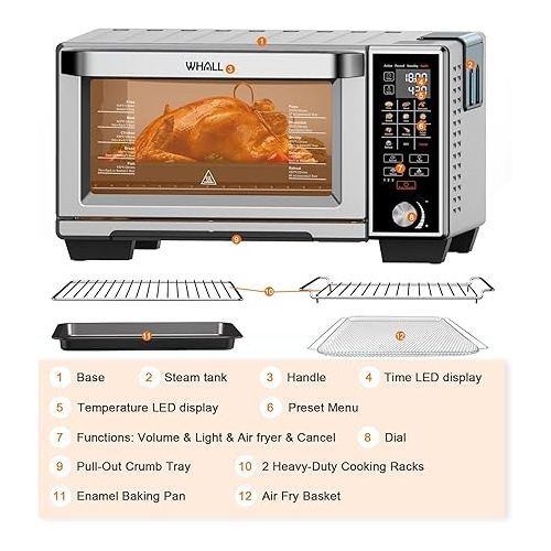  WHALL Toaster Oven, Max XL Large 30-Quart Smart Oven,11 function Toaster Oven Countertop with Steam Function,12-inch Pizza/1700W