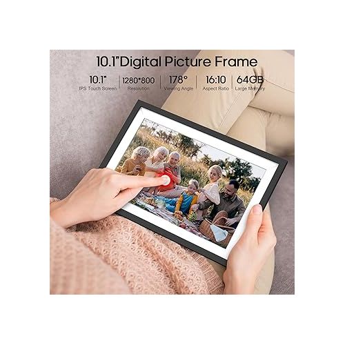  Digital Picture Frame 10.1 Inch, Frameo Digital Frame WiFi with 64GB Large Storage,1280 x 800 HD IPS Touch Screen, Electronic Picture Frame, Auto-Rotate and Slideshow, Share Photo & Video Instantly