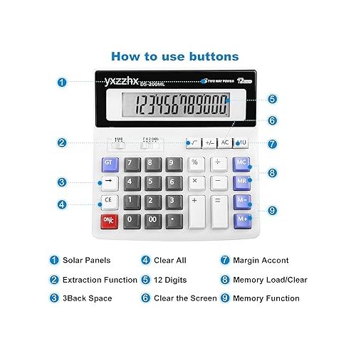  Desk Calculator 12 Digit Extra Large 4.3-Inch LCD Display, Two Way Power Battery and Solar Calculators Desktop, Big Buttons Easy to Press Used as Office Calculators for Desk