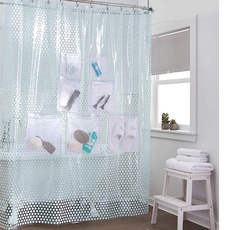 Stuffits Vinyl Shower Curtain with Mesh Pockets in Jade Dot