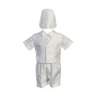 Lito White Embroidered Shantung Chistening Baptism Vest and Short Set with Bowtie and Hat (2T)