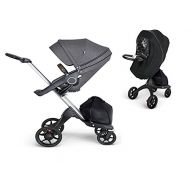 Stokke Xplory V6 Silver Chassis Stroller with Black Leatherette Handle, Grey Melange With Raincover