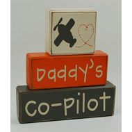 Blocks Upon A Shelf Daddys Co-Pilot - Airplane Decor - Primitive Country Distressed Wood Stacking Sign Blocks-Boys Room, Nursery Room, Baby Shower Centerpiece, Birthday, Baby Shower Gift Home Decor