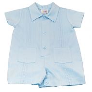 Karela Pique Blue Baby Boy Guayabera Romper by Blue Embroidery with Two Small Pockets. Buttons Between Legs