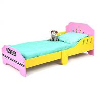 Toddler Size - Bebe Style Kids Junior Wooden Bed for Children - Crayon Theme - Colorful, Stylish, and Easy to Assemble (Pink)
