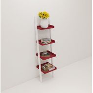 Amayo Home 4 Tier Bookcase White Ladder Shelf Unit Display Shelves Storage Shelving Leaning Bookshelf in White and Red Cherry Color. Sturdy, Modern & Multi Use for Any Rooms Indoor