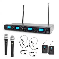 Pyle Upgraded Wireless Microphone System - 4-Channel UHF, Adjustable Frequency, Includes (2) Handheld Mics, (2) Beltpack Transmitters, (2) Lavalier Mics & (2) Headset Mics - PDWM43