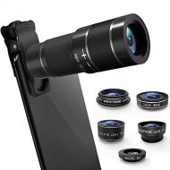 MOKCAO Phone Camera Lens Kit, 6 in 1 Cell Phone Camera Lens with 18X Zoom Telephoto Lens/Fisheye/Wide Angle& Macro Lens(Screwed Together)/Teleconverter/CPL, Compatible iPhone, Samsung & M