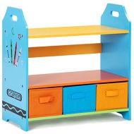 Globe House Products GHP 23.5x11x23.5 MDF & Fabric Kids Bookshelf with 2-Tier Shelves & 3 Storage Bins
