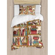 Clouday Child Queen Bedding Sets,Cat Duvet Cover Set,Nerd Book Lover Kitty Sleeping Over Bookshelf in Library Academics Feline Cosy Boho Design,Include 1 Flat Sheet 1 Duvet Cover and 2 Pil