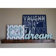 Bijou & Kenzie Co. Baby Birth Stats Gallery Collection with Reclaimed Wood Shelf- 3 Piece Artwork Set (Baby Stats Sign, Choice of Wood Word, 4x6 frame)