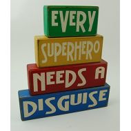 Blocks Upon A Shelf Every Superhero Needs A Disguise - Primitive Country Wood Stacking Sign Blocks Superhero Decor- Superhero Birthday-Superhero Nursery Room-Superhero Baby Shower Home Decor For Boys