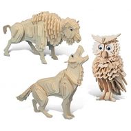 Puzzled Owl Wolf and Buffalo 3D Jigsaw Woodcraft Construction Puzzle Kit Set - Brainteaser Animal Skeleton Models 242 Piece Build and Paint Educational 3 Pack Item K1120-1208-1261-
