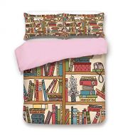 IPrint Pink Duvet Cover Set,Queen Size,Nerd Book Lover Kitty Sleeping Over Bookshelf in Library Academics Feline Cosy Boho Design,Decorative 3 Piece Bedding Set with 2 Pillow Sham,Best Gi