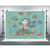 IPrint Kids Underwater,Photography Backdrop Fabric Photo Backdrops Customized Studio Background,10x20ft,Under The Sea Theme with Little Mermaid Fish Sea Creatures Retro Style Cartoon Prin