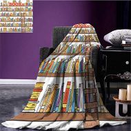 RenteriaDecor Modern Digital Printing Blanket Library Bookshelf with A Ladder School Education Campus Life Caricature Illustration Digital Printing Blanket Multicolor Bed or Couch