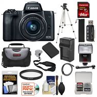 Canon EOS M50 Wi-Fi Digital ILC Camera & EF-M 15-45mm is STM Lens (Black) with 64GB Card + Battery + Charger + Tripod + Flash + Kit