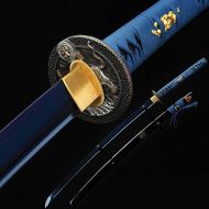 Ten Auway Handmade Katana Samurai Sword Blue/Black/Red Baked Finish Blade with Wooden Scabbard