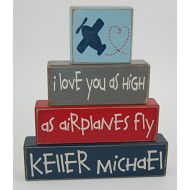 Blocks Upon A Shelf Personalized Name - I love you as high as airplanes fly - Primitive Country Wood Stacking Sign Blocks Airplane Theme Decor-Airplane Nursery Room-Airplane Baby Shower-Airplane Birth