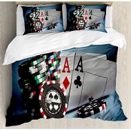 Ambesonne Poker Tournament Decorations Duvet Cover Set Queen Size, Gambling Chips and Pair Cards ACES Casino Wager Games Hazard, Decorative 3 Piece Bedding Set with 2 Pillow Shams,