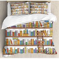 BABE MAPS King Size Duvet Cover 4 Pcs Set Modern Library Bookshelf with A Ladder School Education Campus Life Caricature Illustration Ultra Soft Durable Zipper Closure Bedding Sets for Kids/