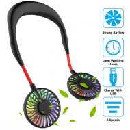WOWGO Hand Free Mini USB Personal Fan - Rechargeable Portable Headphone Design Wearable Neckband Fan，3 Level Air Flow，7 LED Lights，360 Degree Free Rotation Perfect for Sports, Office and