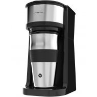 Vremi Single Cup Coffee Maker - Includes 14 Ounce Travel Coffee Mug and Reusable Filter - Personal 1 Cup Drip Coffee Maker to Brew Ground Beans - Black and Silver Single Serve One