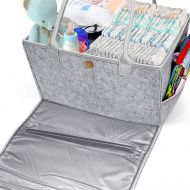 Gimars 2 in 1 Large Baby Caddy Organizer with Changing Pad, Portable Felt Nursery Storage Bin for Diapers Baby Wipe Toys, Car Travel Tote Bag, Bright Light Gray