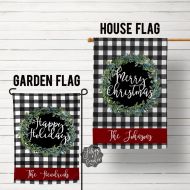 Silverngeauxld Personalized Welcome Flags, House Flag, Merry Christmas, Buffalo Plaid Garden Flag, Porch Flags, Yard Flag, Rustic Christmas, Happy Holidays