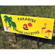ThePaperPlaceAndMore Custom Yard Sign, Personalized Sign, Paradise Sign, Outdoor Wood Sign, Outdoor Sign, Flamingo Yard Art, Island Decor, Palm Tree Decor