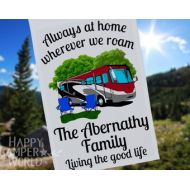 HappyCamperWorld Always at Home Wherever We Roam, Personalized Motorhome Garden Flag, Campsite Flag, Motor Home Decor, RV Gift, Campground Flag