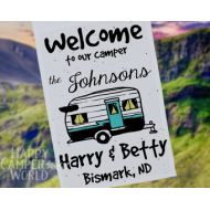 HappyCamperWorld Welcome to our Camper Personalized Garden Flag, RV Gift, Vintage RV Decor Personalized Yard Flag, Camping Decor, Trailer Sign, Camp Flag