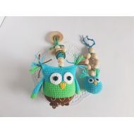 /SlingNecklaceAndToys Crochet Owl Teether Teething toy Rattle owl Owl pendant Owl plushie Crochet birds Rattle Baby shower gift Stroller toy
