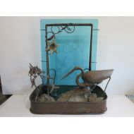 /FloridaModern Signed Copper Water Fountain With A Egret Water Lilies And Green Glass