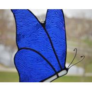 DownriverGlass Stained glass butterfly suncatcher with blue wings and light white body, 5 x 7