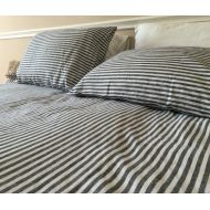 /SuperiorCustomLinens Slate Gray and White Ticking Striped linen sheets, fitted sheet, top sheet, extra large Full Sheets set, linen sheets queen, King