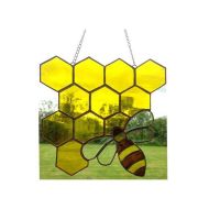 MadeByAliceGlass Stained Glass Honey Bee On Honey Comb Suncatcher, Stained Glass Beeswax Sheet, Beekeepers Gift, Made by Alice Glass