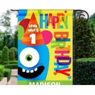 PersonalizeItFreeNY Look Whos 1 Happy 1st Birthday Kids Boys Little Monsters Party Sign Personalized Garden Flag Yard Banner Decor Decoration PERSONALIZE w Name