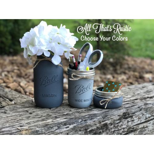  AllThatsRustic Mason Jar Office Decor, Office Decor, Office Desk Accessories, New Job Gift, Christmas Gift, Office Supplies, Office Storage.Mason Jar Decor