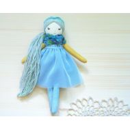 Jumatamade Blue rag doll, handmade cloth doll, soft linen toy, toddler heirloom gift, girl nursery decor, dollhouse miniature, interior decor