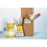 Jumatamade Stuffed fabric baby animal toys set, rabbit cat bird in grey mustard, first Christmas baby shower gift