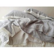 DejavuLinen Lace DUVET COVER in melange grey and off-white softened linen - linen lace quilt cover, doona cover - Queen King Cal lace linenbedding